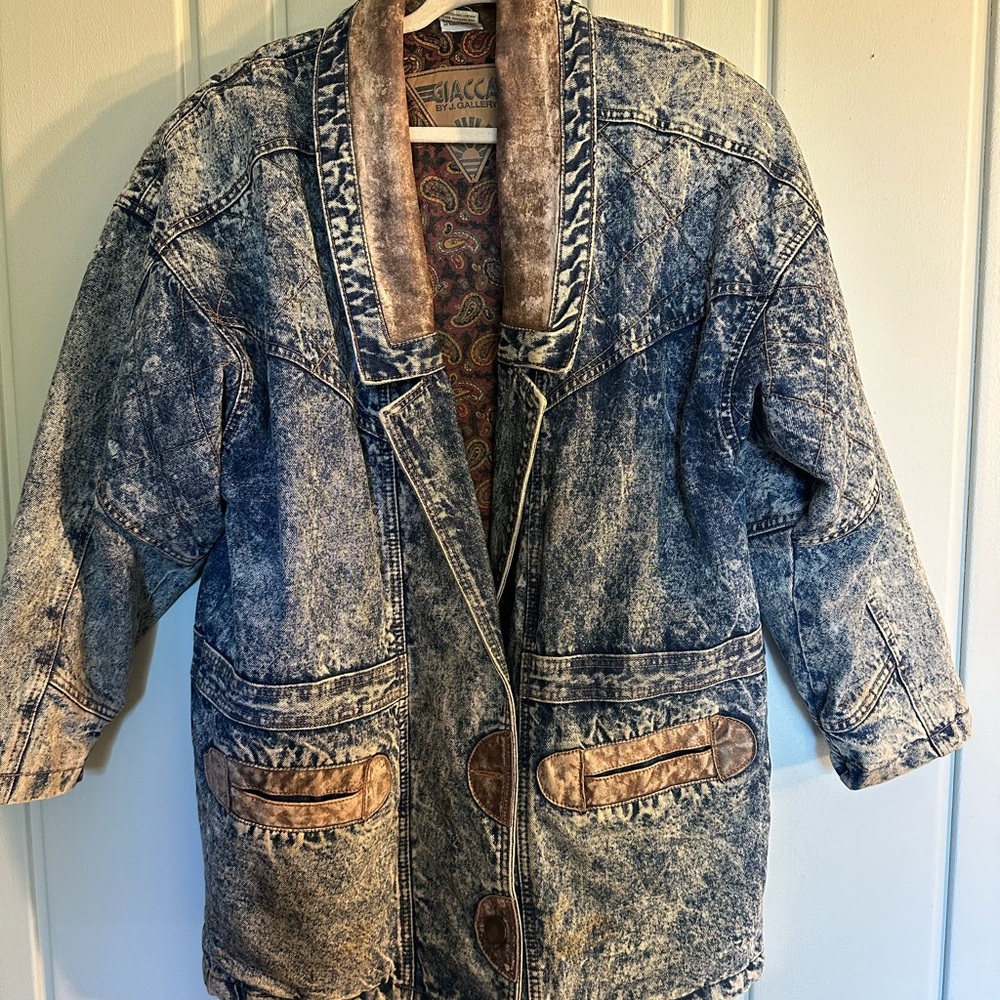 Vintage Acid Wash Jean Jacket with Brown Accents